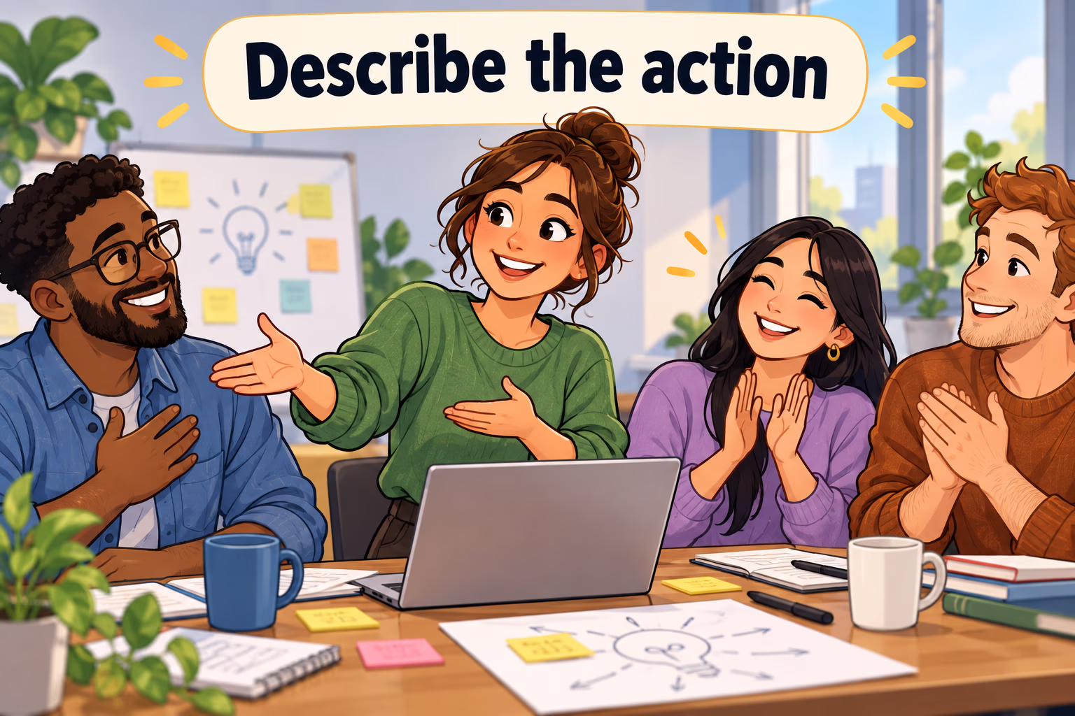A teammate shares credit after a group project, showing how to describe considerate and cooperative actions.