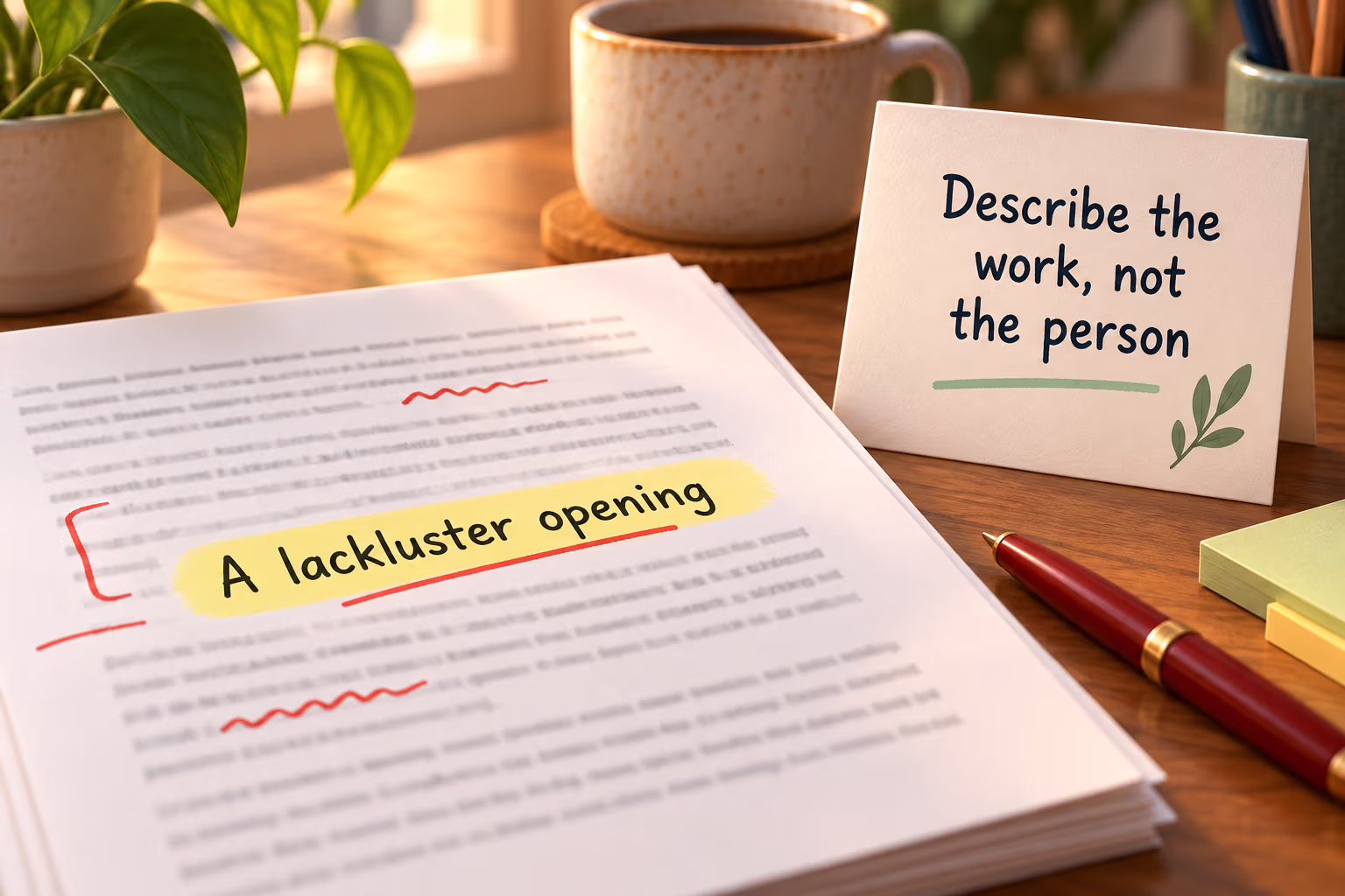 A marked-up manuscript says “A lackluster opening” beside a note that says “Describe the work, not the person.”