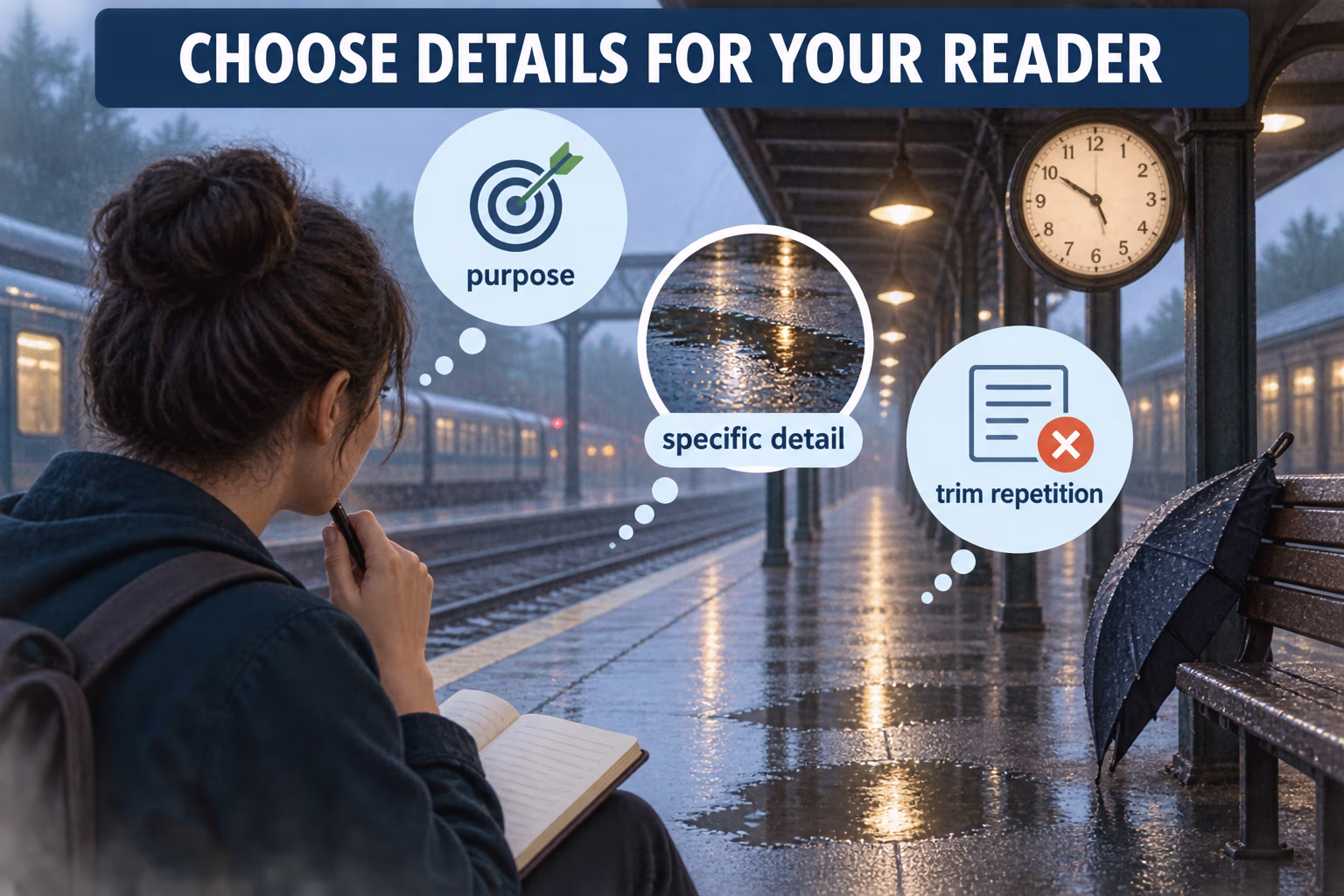 A writer studies a rainy station platform and weighs purpose, a specific detail, and trimming repetition.
