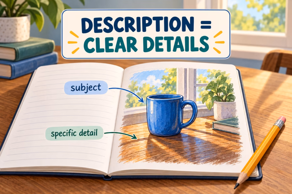 Open notebook illustration with a blue mug and the teaching point Description equals clear details.