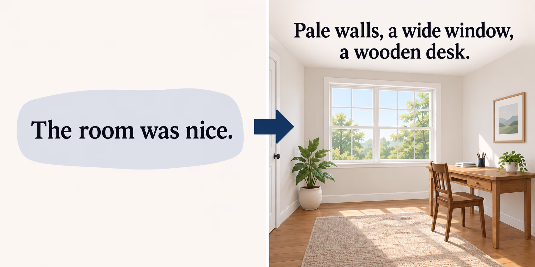 Before-and-after example: The room was nice becomes Pale walls, a wide window, a wooden desk.