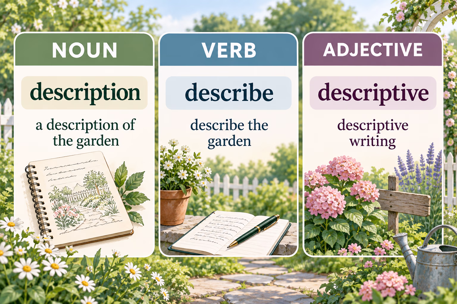 Three-column grammar guide: description is a noun, describe is a verb, and descriptive is an adjective, each with an example.