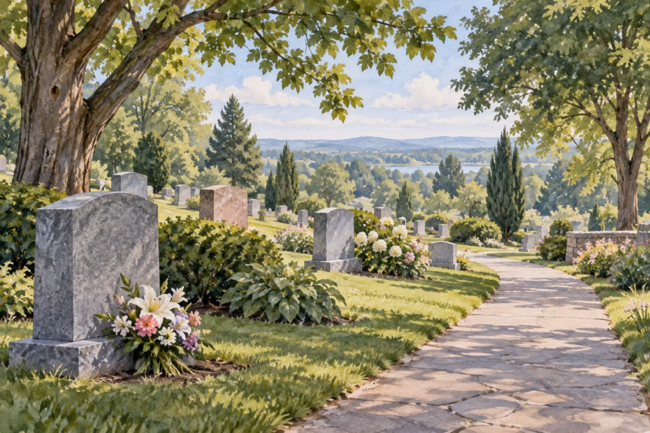 A quiet cemetery with intact headstones, flowers, and a tree-lined path