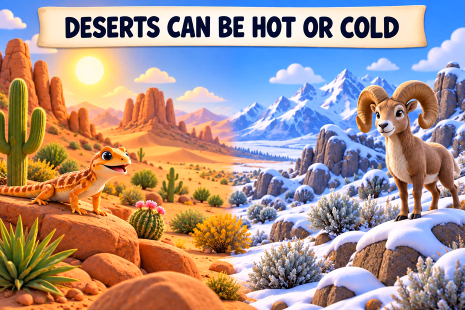 A warm dune desert with a lizard contrasts with a snowy rocky desert with a bighorn sheep; the banner reads “Deserts can be hot or cold.”