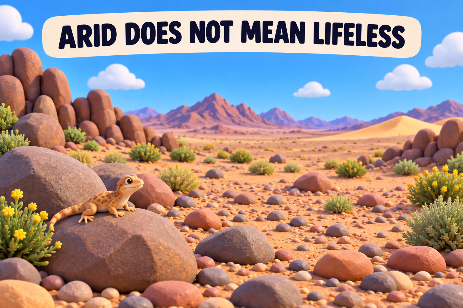 A drought-adapted shrub shelters a lizard in a dry desert; the label reads “Arid does not mean lifeless.”
