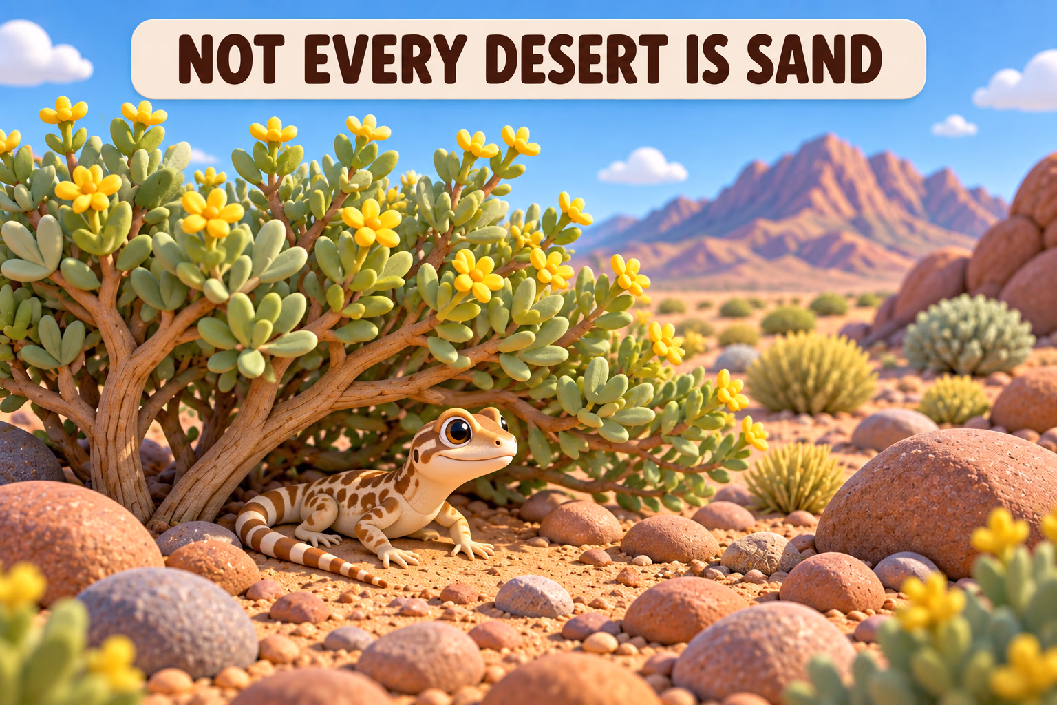 A rocky, gravelly desert plain with a small distant sand patch; the label reads “Not every desert is sand.”