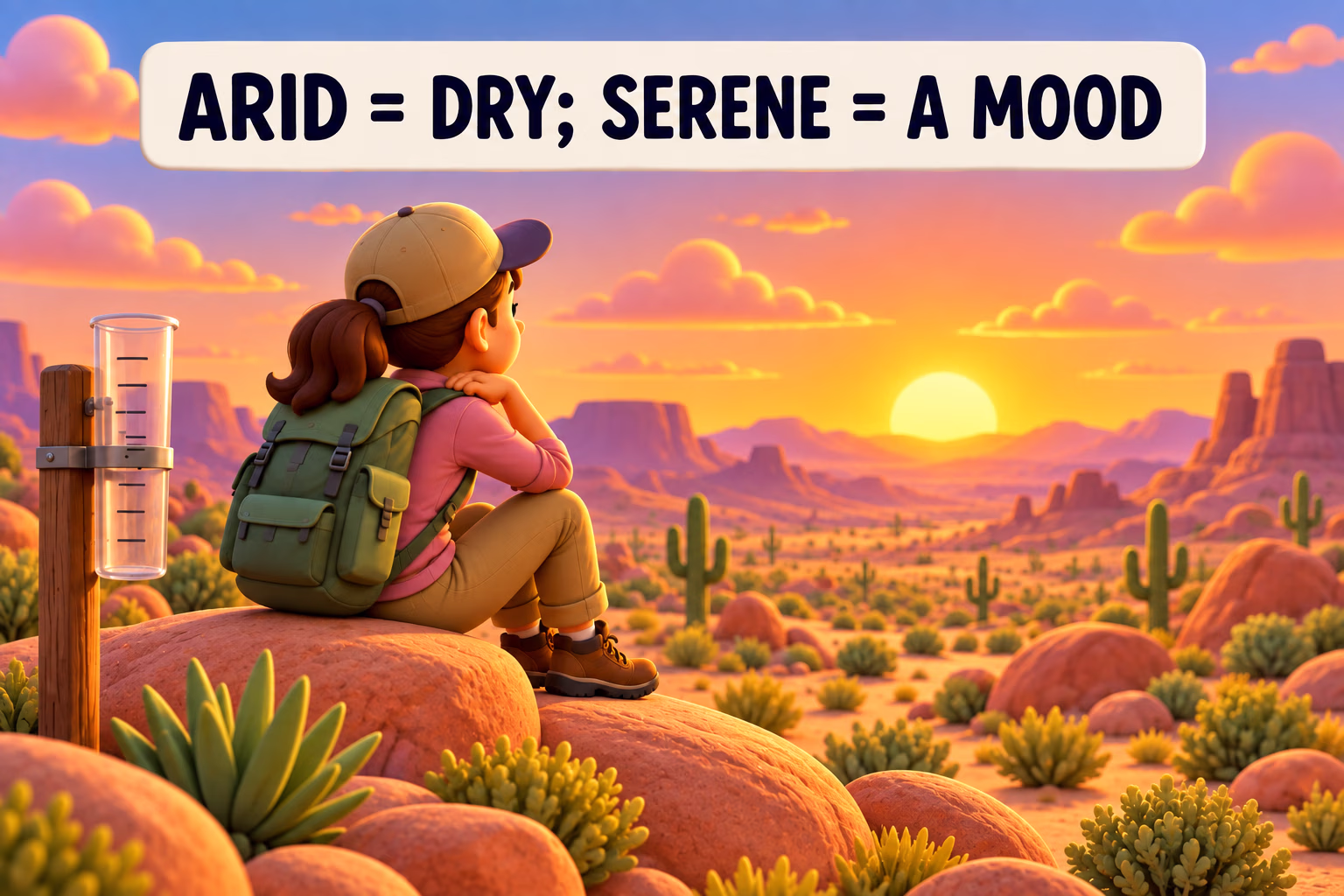A quiet observer watches sunset beside a rain gauge in a dry rocky desert; the label reads “Arid means dry; serene is a mood.”