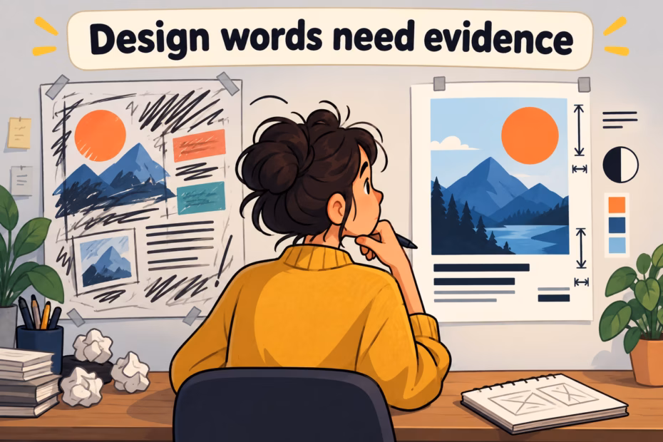 A designer compares a rough poster layout with a more organized composition, examining its visible features.