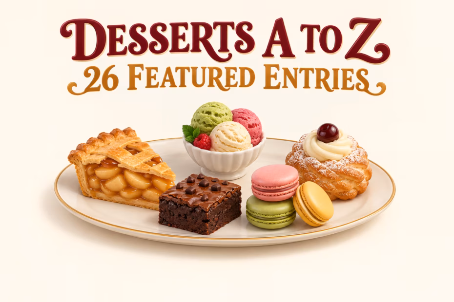An illustrated platter with apple pie, brownie, gelato, macarons, and zeppole beneath the title Desserts A to Z.