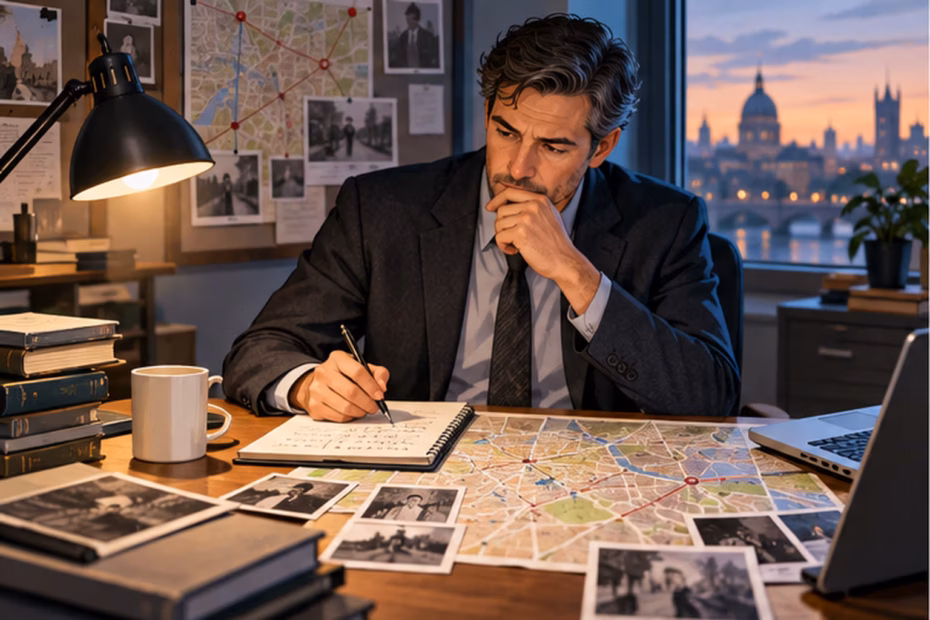 An investigator reviewing notes and a map at a desk.