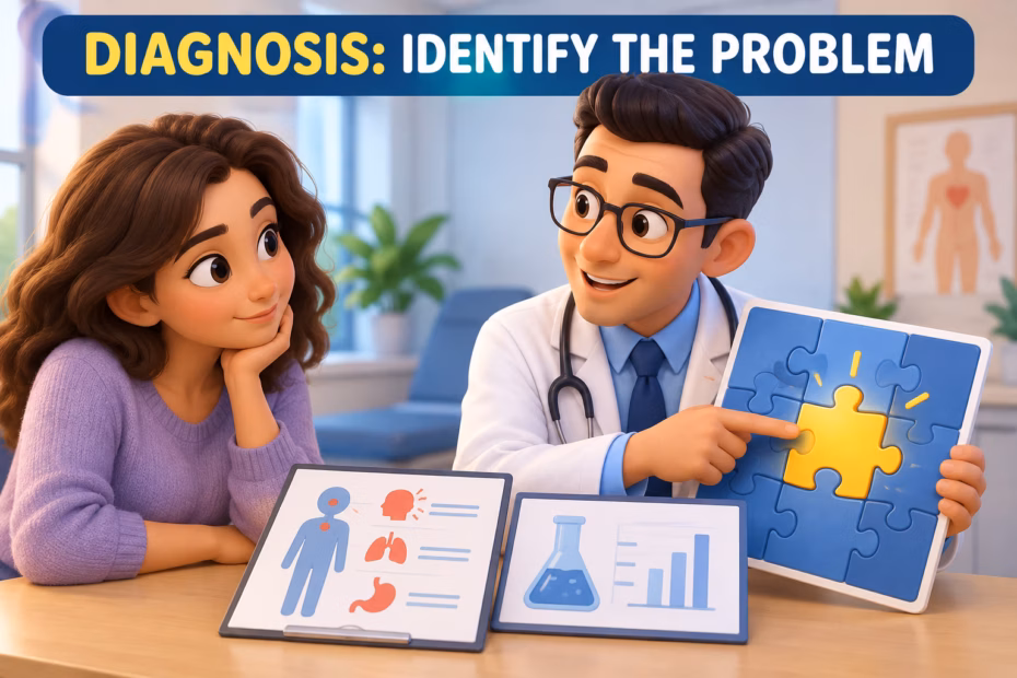 A clinician reviews clues with a patient and identifies a puzzle piece. Text: Diagnosis: identify the problem.