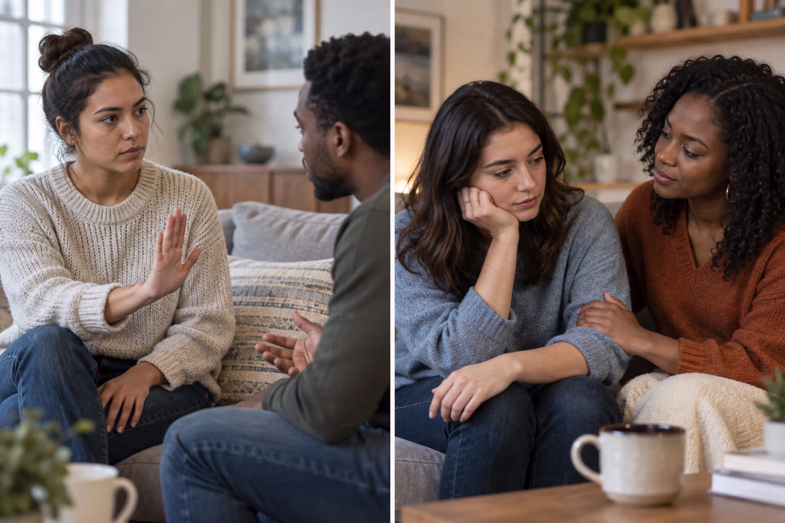 One speaker sets a boundary in a serious conversation while another friend listens empathetically