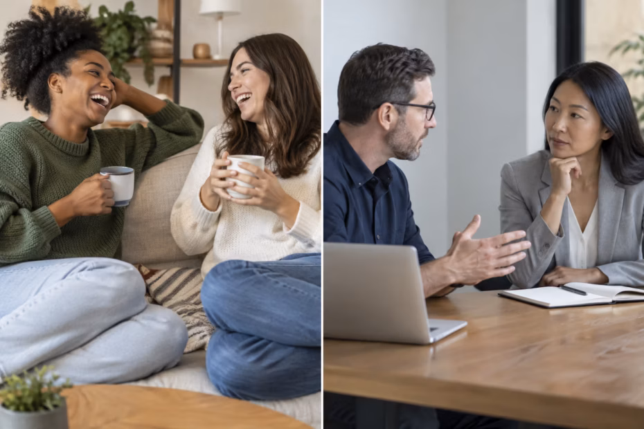 Friends share an easy conversation while colleagues discuss a serious topic