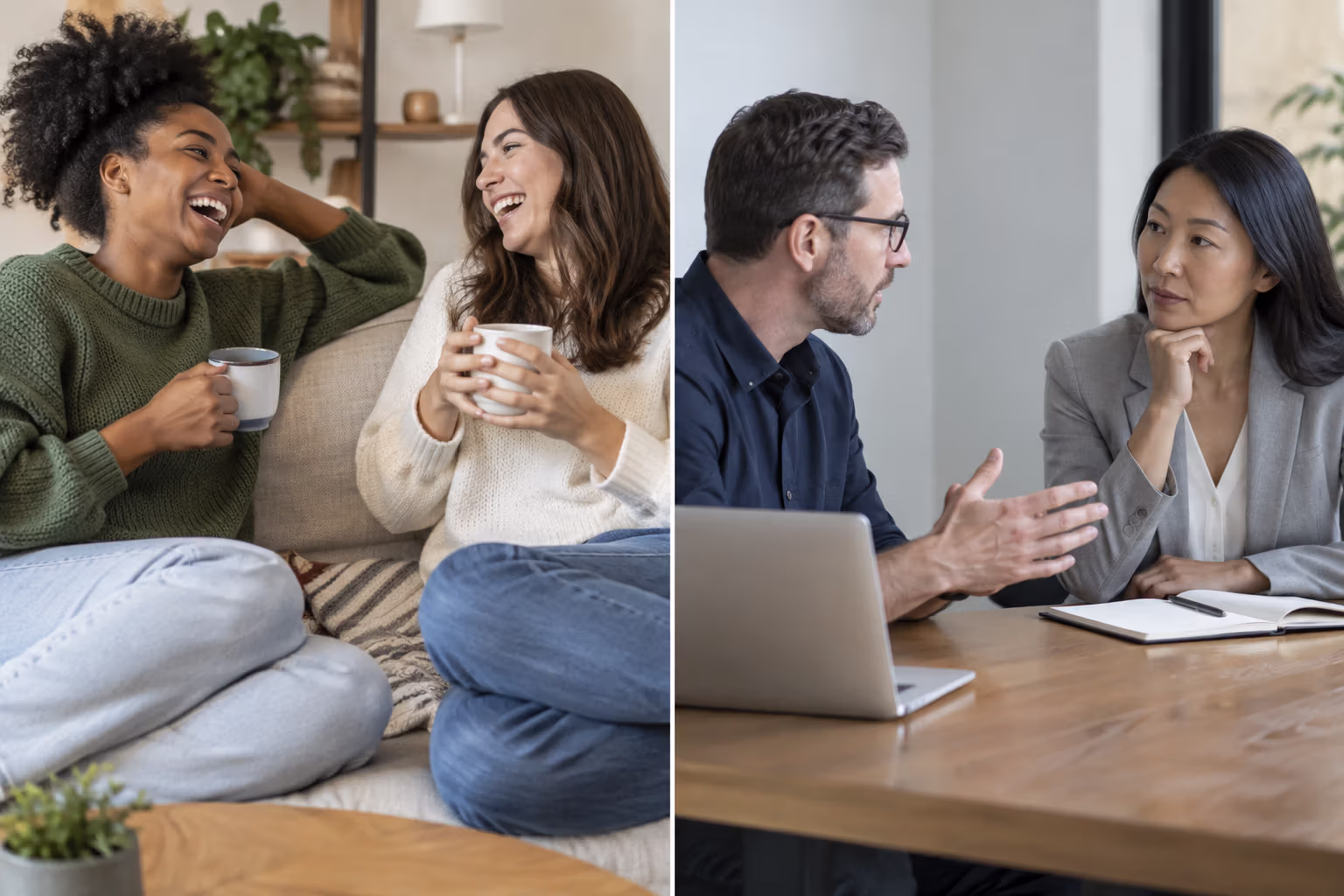 Friends share a light conversation while colleagues discuss a serious topic