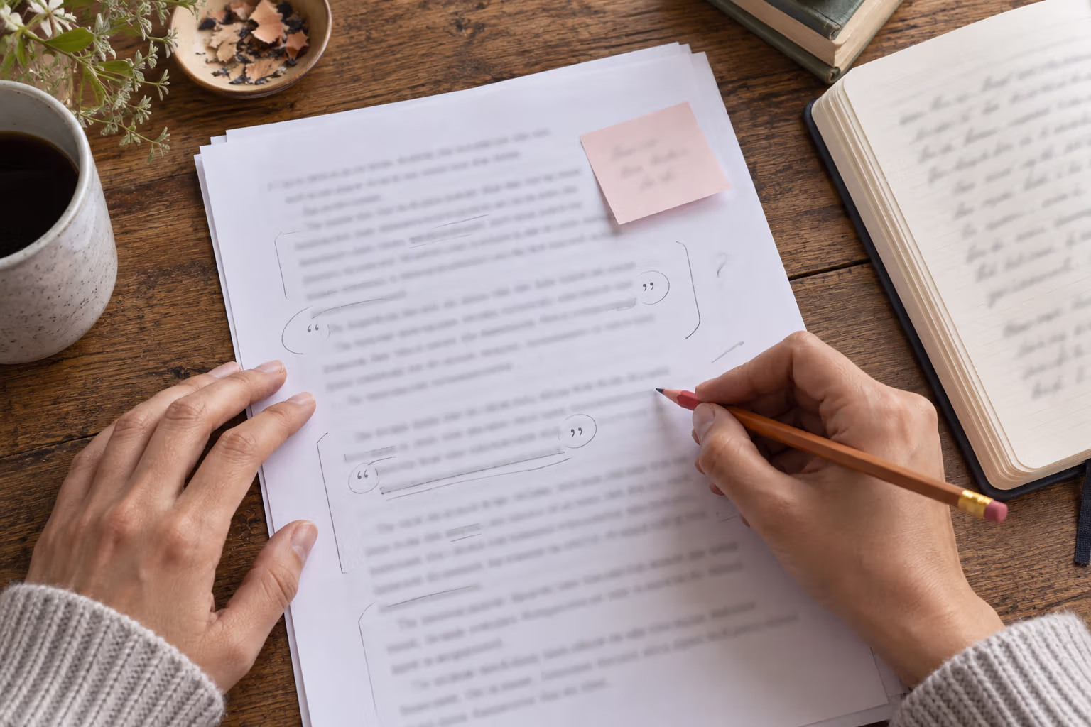 A writer marks punctuation and dialogue passages on a printed story draft