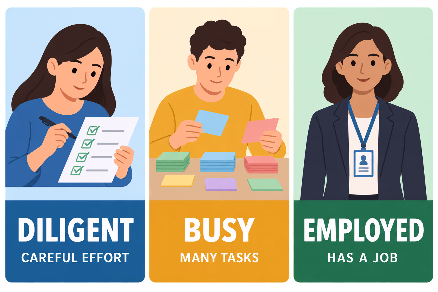 Three cards distinguish diligent as careful effort, busy as many tasks, and employed as having a job.