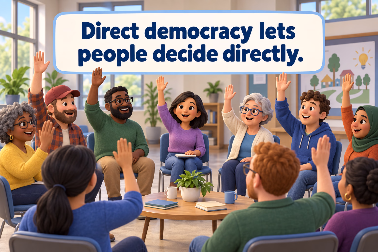A 3D cartoon community meeting where people raise hands to decide together. Image text: Direct democracy lets people decide directly.