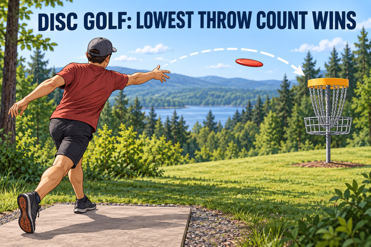 Disc golf player putting toward a basket; the official objective is to complete the course in the fewest throws.