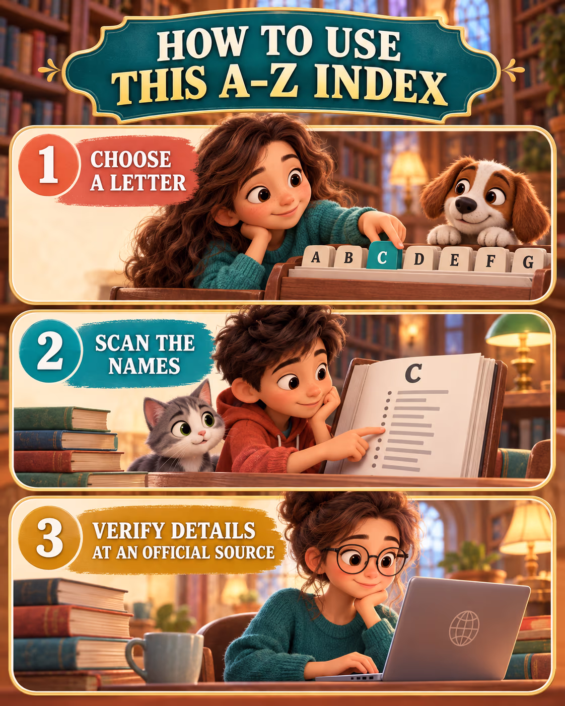 Three-step guide: choose a letter, scan the names, and verify details at an official source