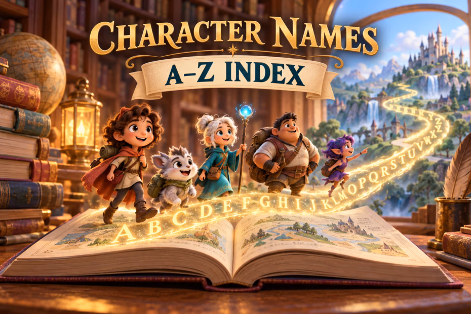 Original animated storybook adventurers beside an open book under the heading Character Names A–Z Index