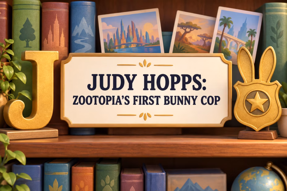 3D letter J and bunny badge labeled Judy Hopps as Zootopia’s first bunny cop.