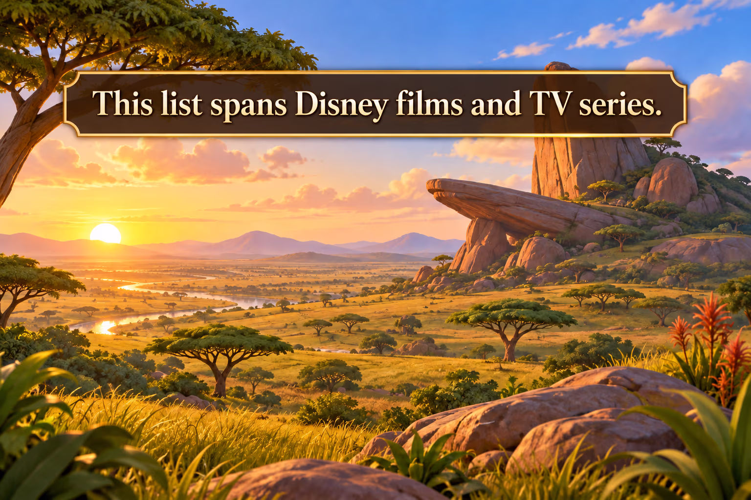 Sunrise over a broad savanna landscape with text noting that the list spans Disney films and TV series.