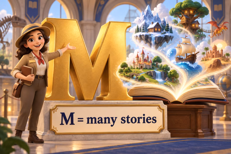 Original cartoon museum guide beside a large M and storybook, labeled M equals many stories.