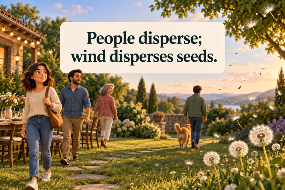 Cartoon scene of people leaving a garden gathering as a breeze carries dandelion seeds.