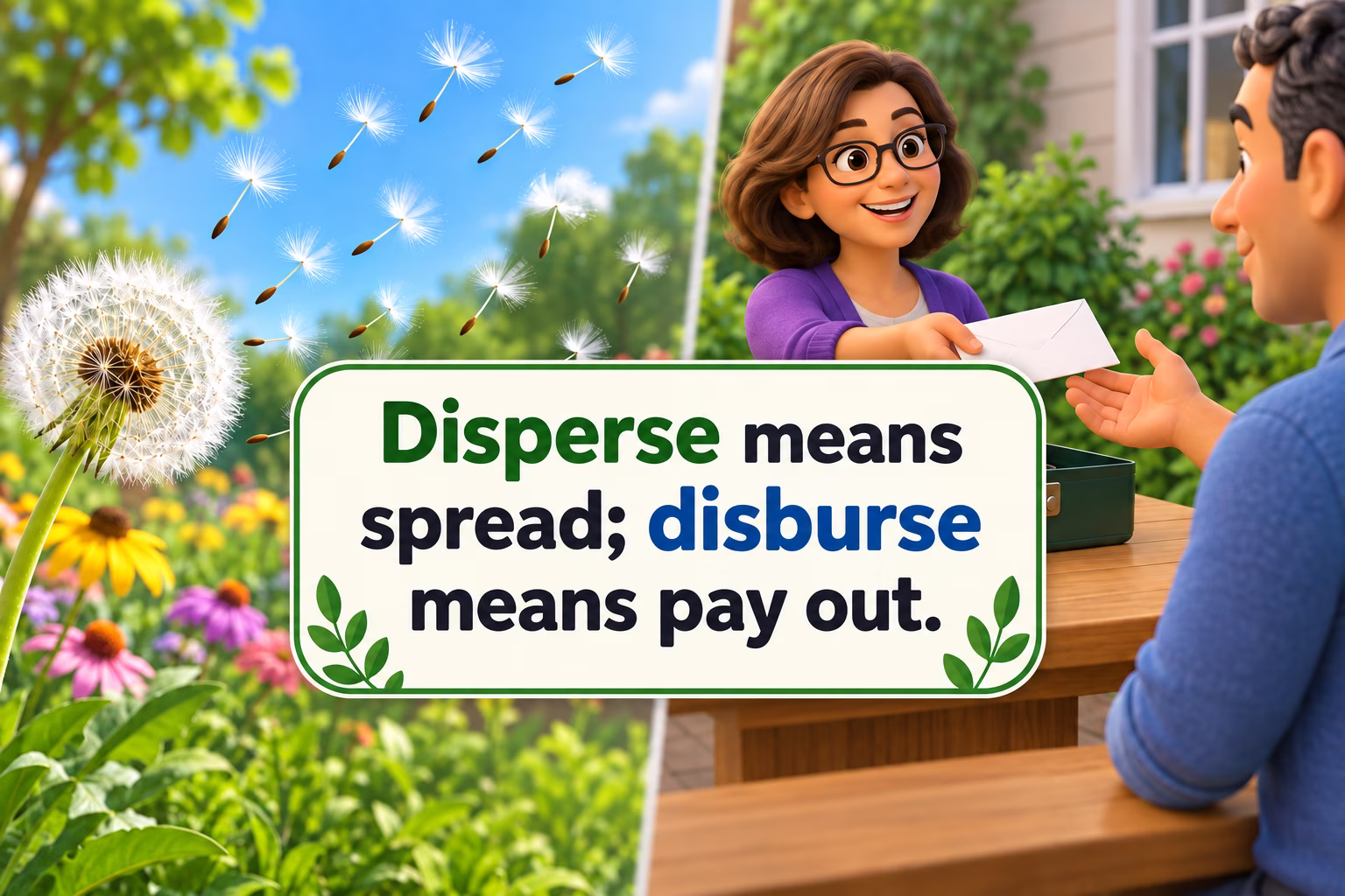Dandelion seeds scatter beside a treasurer handing an unmarked envelope to another person.