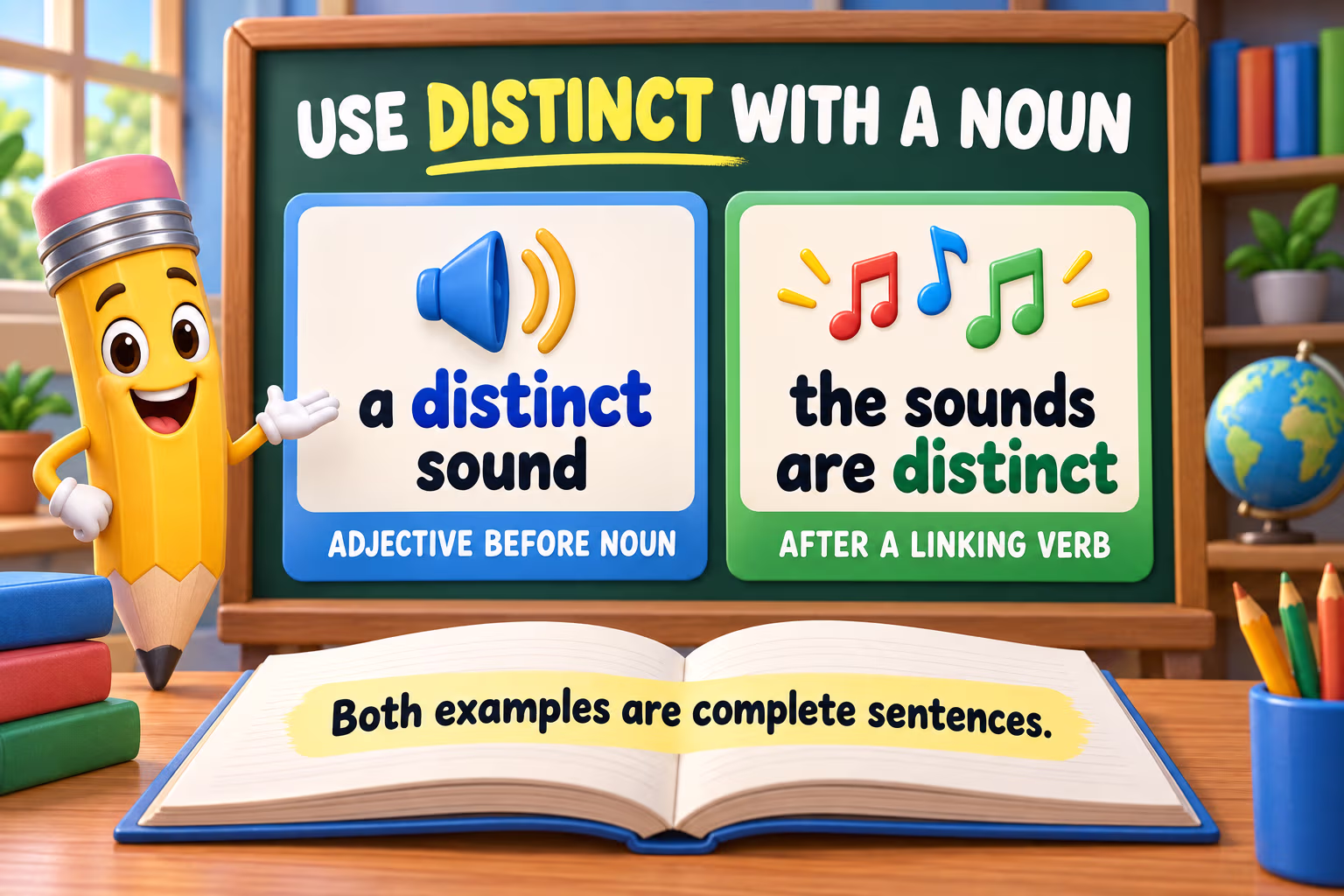 A classroom board shows “a distinct sound” before a noun and “the sounds are distinct” after a linking verb.