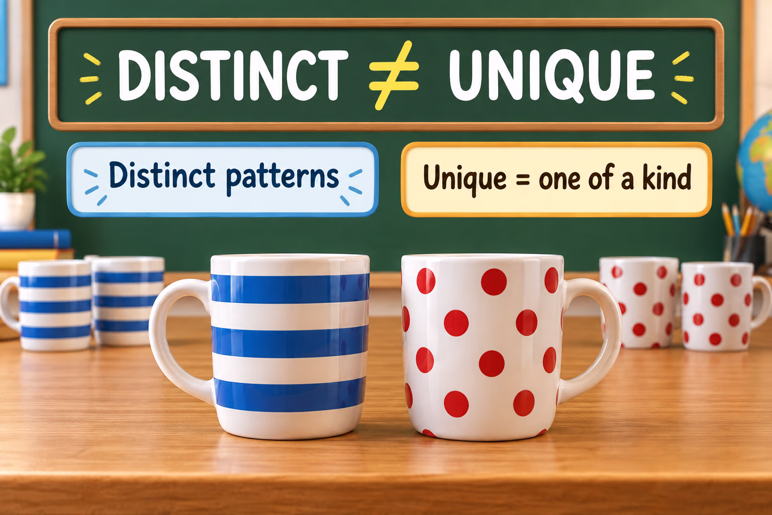 Two mugs with different patterns illustrate that distinct means clearly different, while unique means one of a kind.