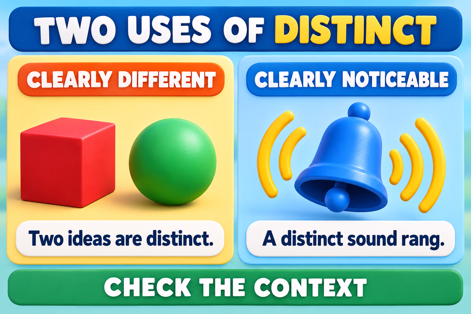 Two-panel 3D infographic: two shapes represent clearly different ideas, and a bell with sound waves represents a clearly noticeable sound.