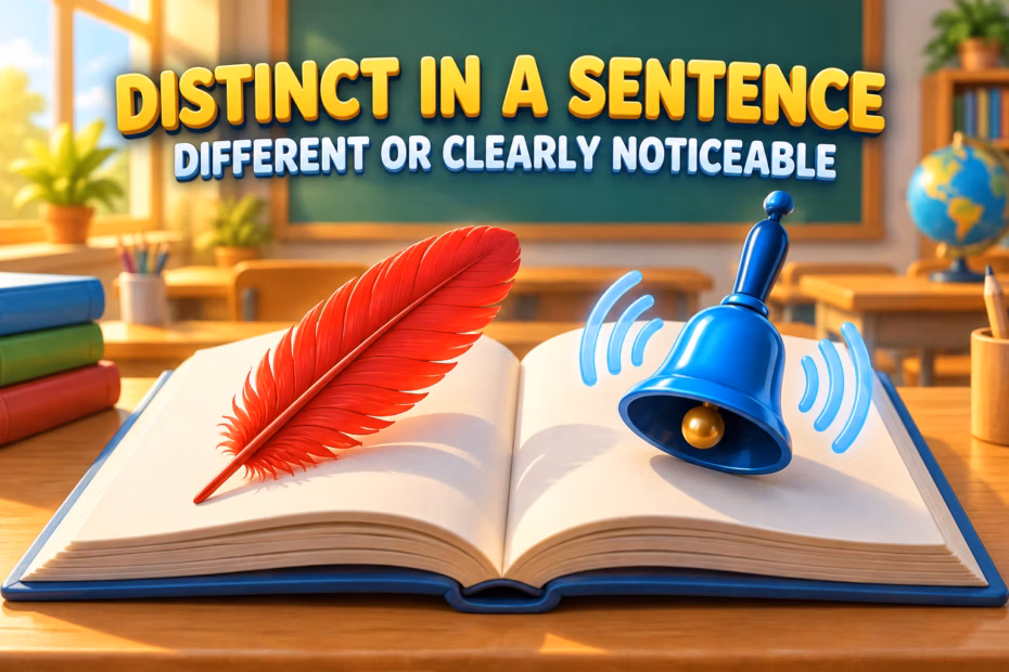Open book with a red feather and blue bell beneath the heading “Distinct in a Sentence,” illustrating different or noticeable features.