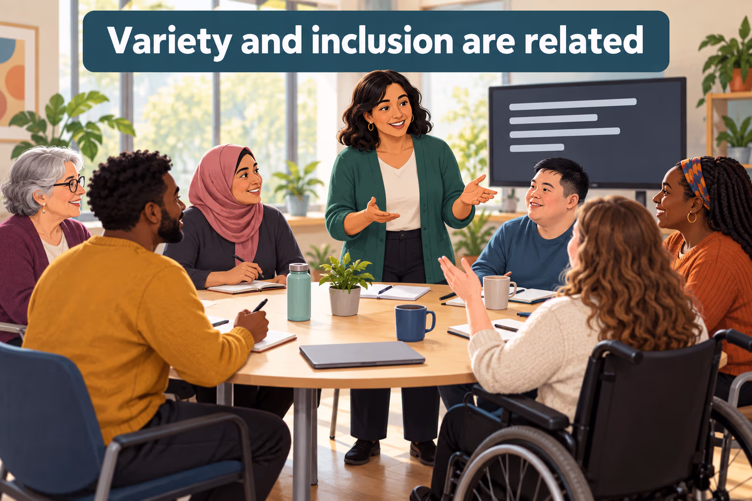 Colleagues meet around a table; one participant uses a wheelchair. The sign reads “Variety and inclusion are related.”