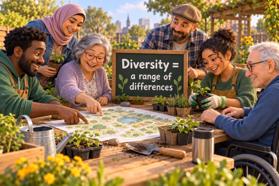 Neighbors of different ages and backgrounds work on a community map beside a sign reading “Diversity = a range of differences.”