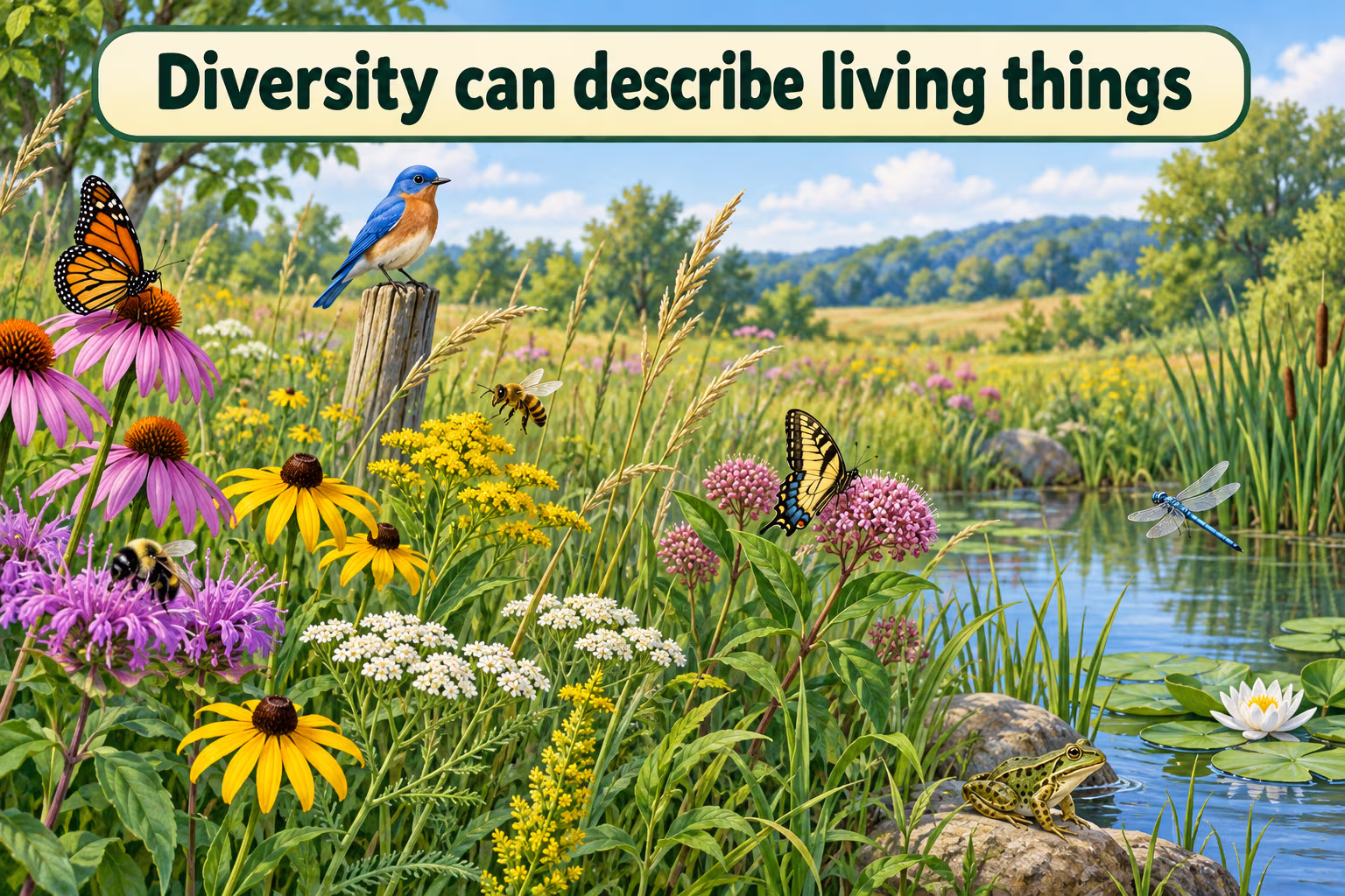 A meadow scene with varied flowering plants, insects, a bird, and pond life.