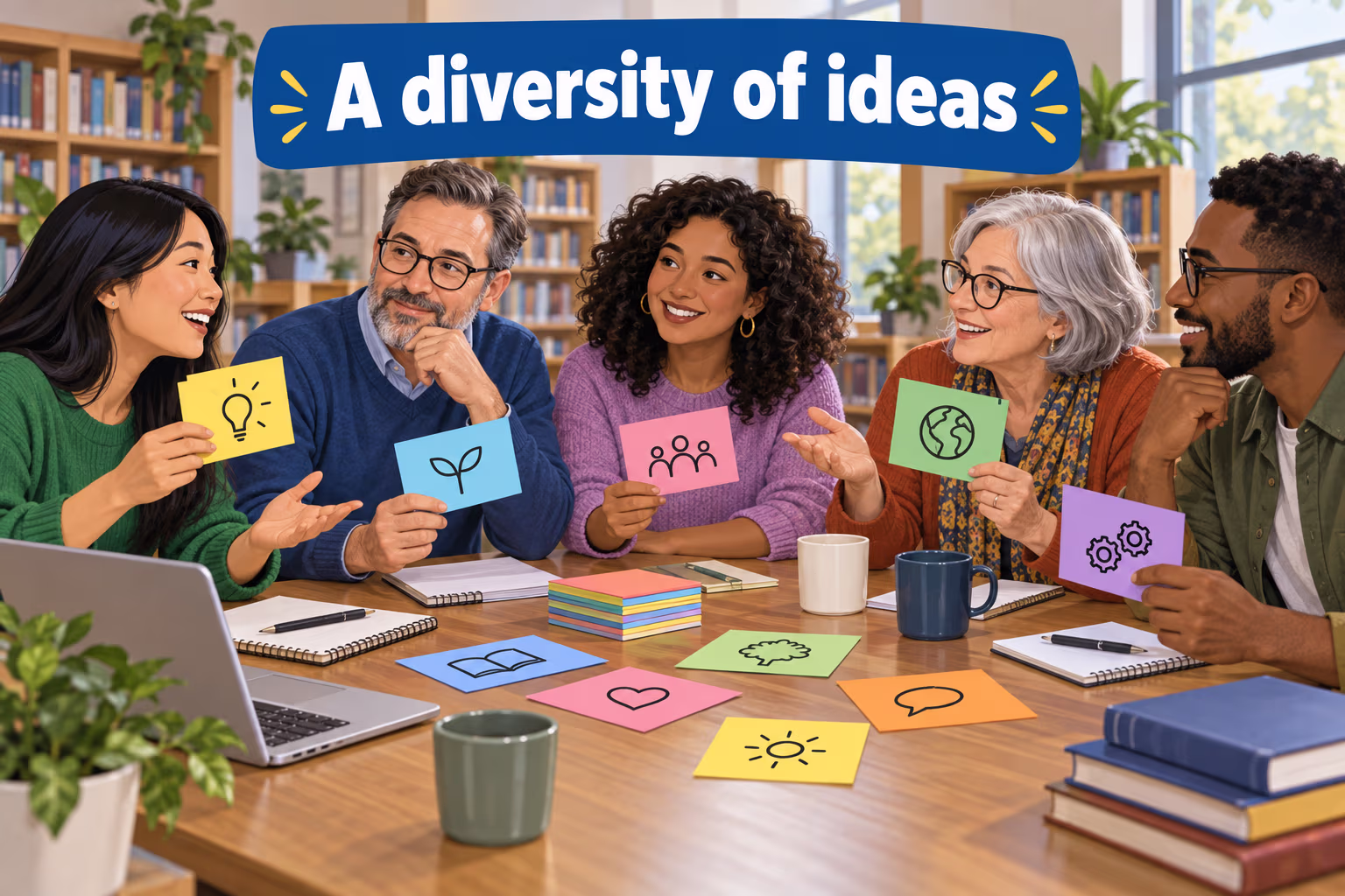 People share different idea cards at a library planning meeting; the banner reads “A diversity of ideas.”