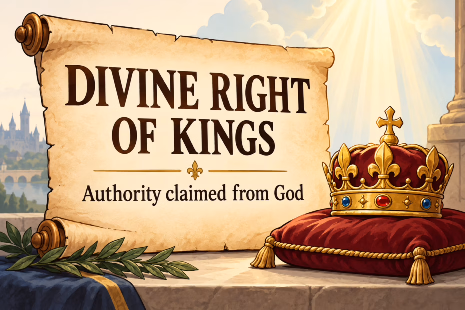 A cartoon crown and parchment explain the divine right of kings as a claim that authority comes from God