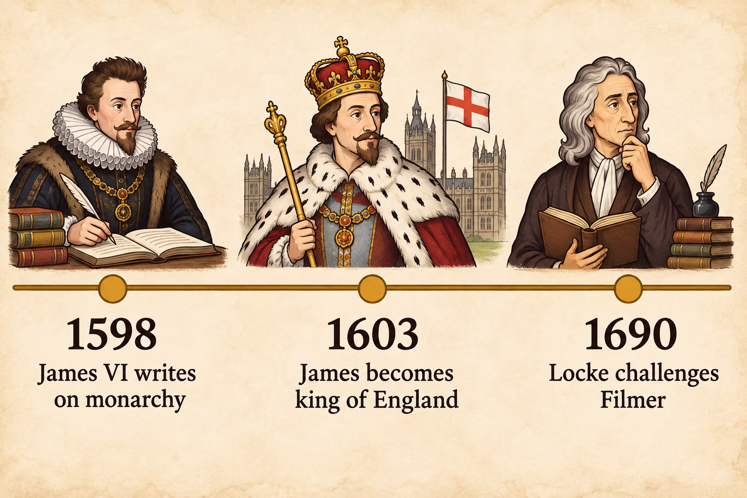 Timeline connects James VI and I’s 1598 political defense with seventeenth-century debates and Locke’s 1690 critique