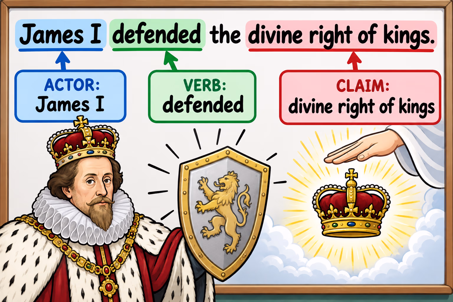 Sentence diagram labels the ruler, the verb claimed, and the claimed divine basis in a clear example