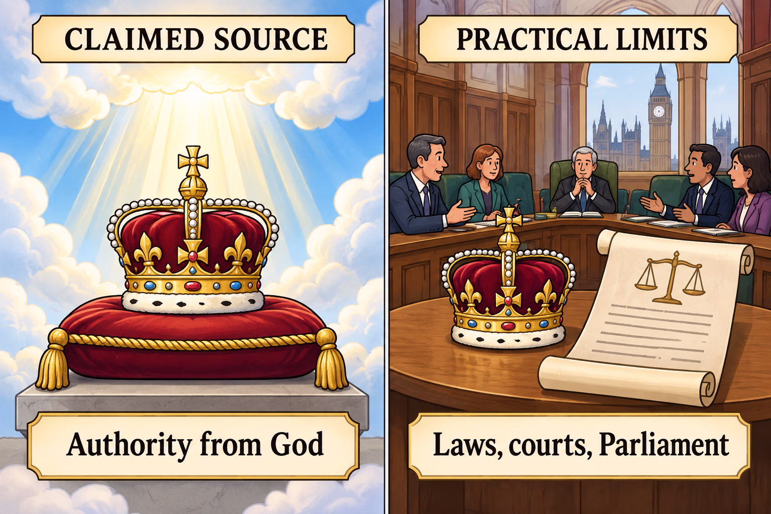 Two-column visual separates a ruler’s claimed source of authority from legal and political limits on power