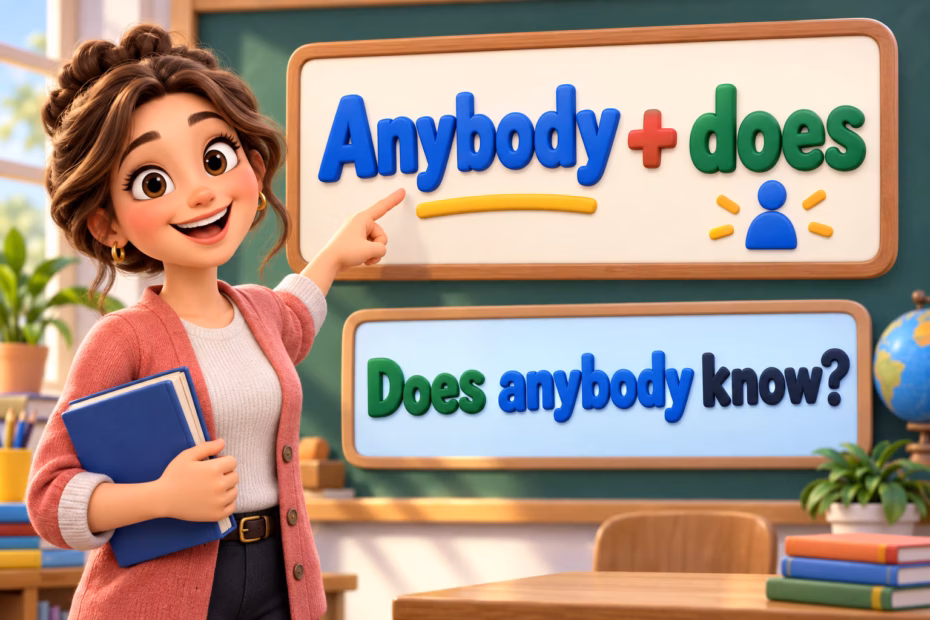 A playful 3D cartoon teacher points to dimensional word cards reading “Anybody + does” and “Does anybody know?”