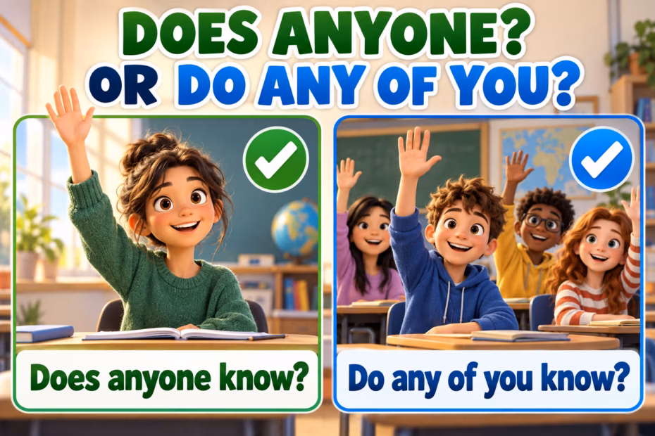 3D animated classroom illustration showing the examples Does anyone know? and Do any of you know?