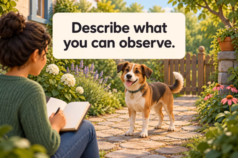 A person observes a relaxed mixed-appearance dog in a garden, emphasizing observable details.