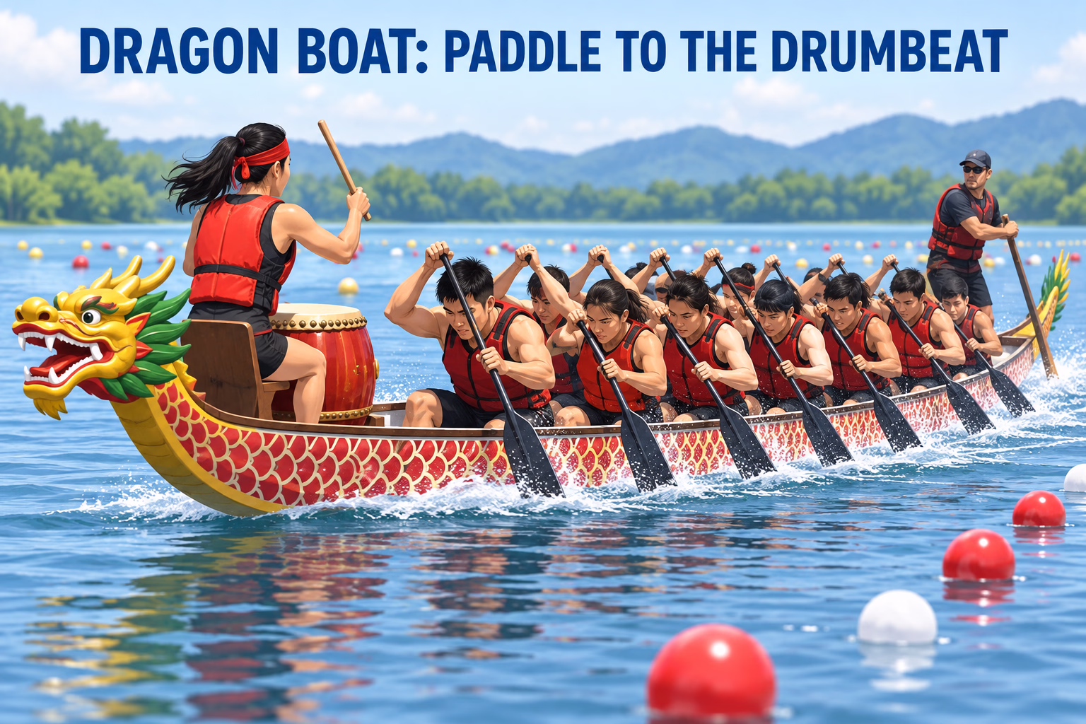 Dragon-boat crew paddling in rhythm with a drummer at the front and a steerer at the rear.
