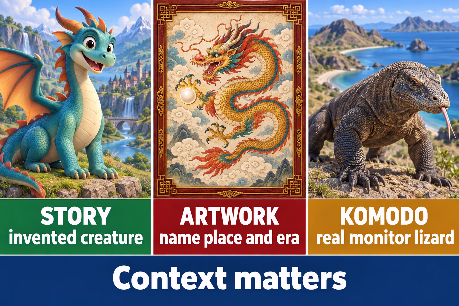 A comparison infographic separates invented fantasy dragons, culture-specific dragon artwork, and real Komodo monitor lizards.