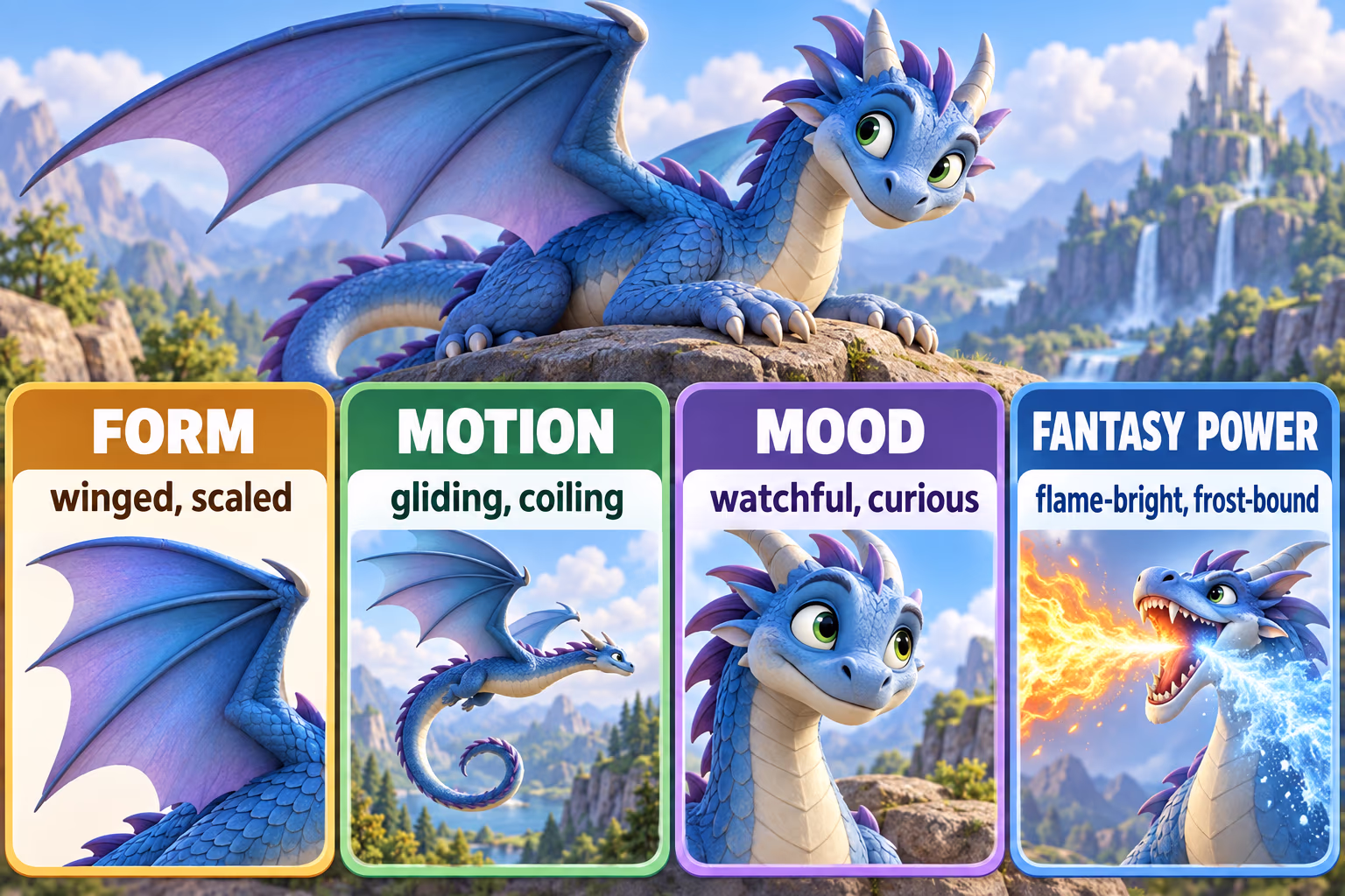 Dragon adjective infographic grouping fictional traits by form, movement, temperament, and imagined powers.