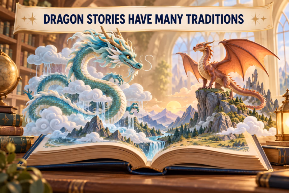 Two different dragon depictions emerge from a storybook beneath the label Dragon stories have many traditions.