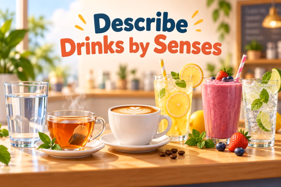 Illustration of a drink assortment under the label Describe Drinks by Senses