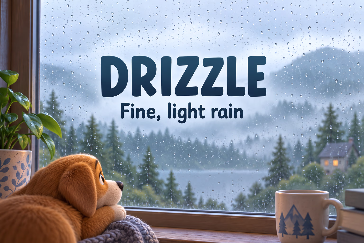 Animated dog watching fine drizzle on a window, illustrating light rain.